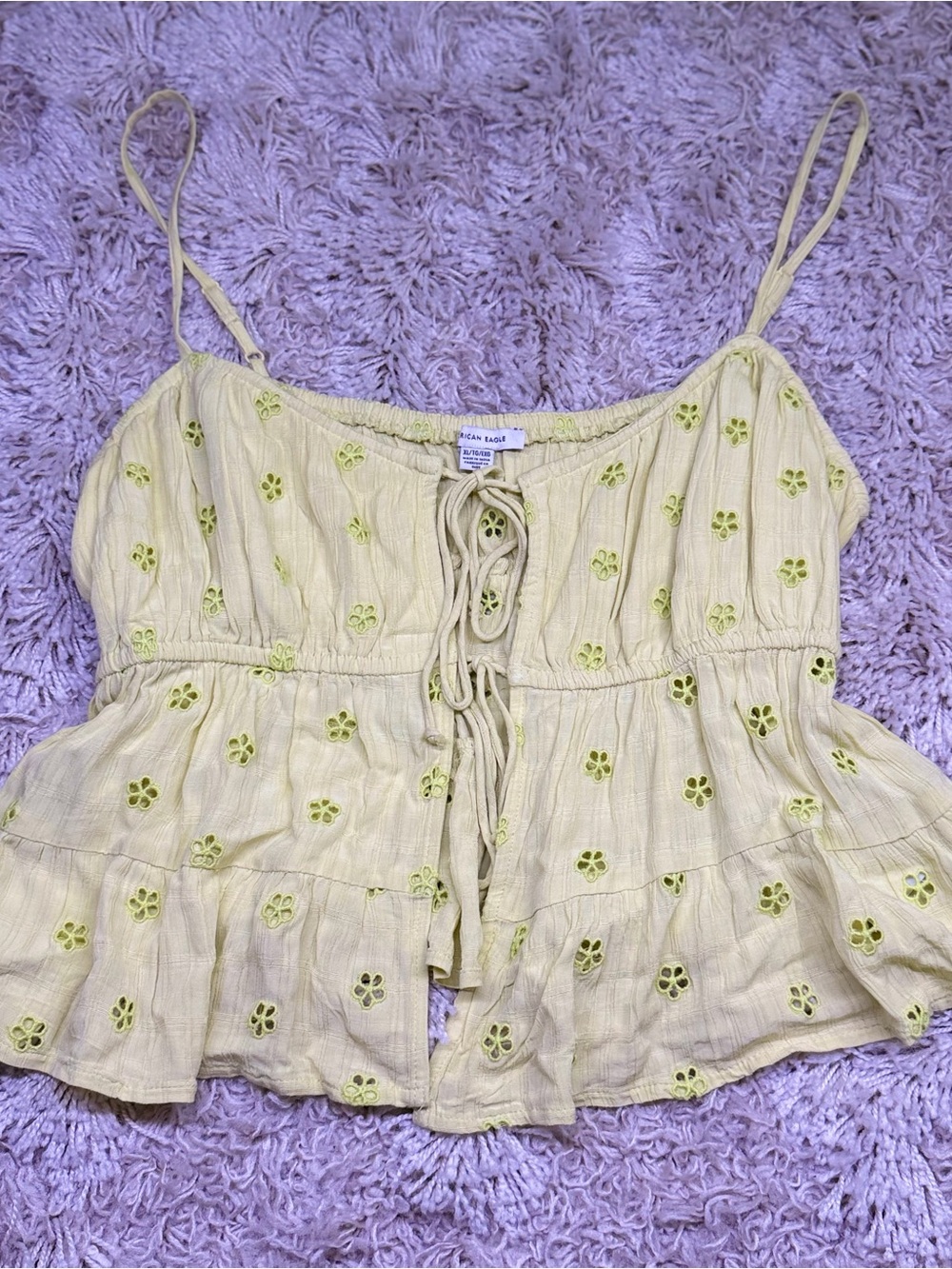 American Eagle Yellow Eyelet Embroidered Tie Front Peplum Cami Top XL
